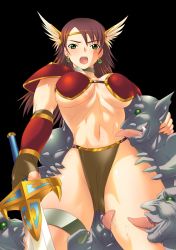  armor bikini_armor blush breasts kodamashi large_breasts licking monster slan_grace ubawareta_onna_senshi 