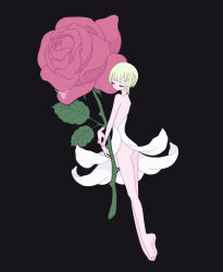  1boy androgynous ass barefoot black_background blonde_hair braid closed_eyes dress expressionless facing_viewer flower full_body highres holding holding_flower king_of_prism kisaragi_louis male_focus nyaasechan oversized_object pink_flower pink_rose pretty_rhythm pretty_series rose short_hair simple_background solo standing trap white_dress 