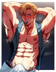  abs absurdres armpits blonde_hair blush border bulge crazy_kinoko erection erection_under_clothes highres lewis_smith male_focus male_stripper money mouth_hold muscular muscular_male nipples smile solo stripper tucked_money whistle white_border yuuki_bakuhatsu_bang_bravern 