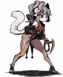  1girl alternate_costume animal_ears animal_nose animated bell black_footwear black_gloves black_sleeves body_fur bow breasts brown_pantyhose cat_ears cat_girl cat_tail chain closed_mouth dagger darkest_dungeon derivative_work detached_sleeves dot_mouth dual_wielding fingerless_gloves full_body furry furry_female gloves green_eyes grey_hair hair_bow hands_up heterochromia high_ponytail holding holding_dagger holding_knife holding_scythe holding_weapon jester_(darkest_dungeon) jingle_bell knife leotard live2d looping_animation mask mask_on_head medium_hair original pantyhose pink_bow ponytail red_eyes red_leotard reverse_grip scythe shiny_clothes shoes sidelocks simple_background slit_pupils small_breasts sona_(yuio58ok) strapless strapless_leotard tail v-shaped_eyebrows video weapon whiskers white_background white_fur yuio58ok  rating:Questionable score:38 user:AngryZapdos