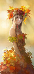1girl autumn autumn_leaves backlighting bad_id bad_pixiv_id bare_shoulders berry black_eyes black_hair bride chin_strap collarbone commentary dress flower food food-themed_clothes fruit grapes grapevine hage2013 hair_ornament head_tilt leaf light_smile lips long_hair looking_at_viewer original solo rating:Sensitive score:11 user:danbooru