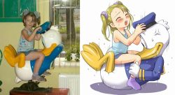blonde_hair comparison derivative_work disney donald_duck feet girl_on_top interspecies kiddie_ride loli mosha parody photo_(medium) reference reference_photo riding scrunchie sex short_twintails socks straddle sweat twintails what rating:Questionable score:127 user:danbooru