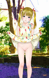  1girl blonde_hair blush cleft_of_venus clothes_lift dress dress_lift highres loli looking_at_viewer nakamura_mizumo no_panties original outdoors pussy solo tagme twintails uncensored  rating:Explicit score:105 user:loliburger