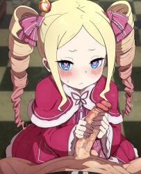  1boy 1girl absurdres beatrice_(re:zero) blonde_hair blue_eyes blurry blurry_background blush bottomless bow butterfly-shaped_pupils capelet clothed_female_nude_male crown dress drill_hair embarrassed erection fenqury fur_trim gradient_hair hair_bow handjob hetero highres indoors loli looking_at_viewer mini_crown multicolored_hair natsuki_subaru neck_ribbon nude parted_bangs penis pink_bow pink_capelet pink_dress pov pov_crotch precum re:zero_kara_hajimeru_isekai_seikatsu ribbon sidelocks sweatdrop symbol-shaped_pupils testicles twin_drills two-handed_handjob wide_sleeves  rating:Explicit score:149 user:Lynx3Snow