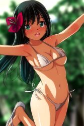  1girl :d absurdres arms_up bikini black_hair blurry blurry_background blush breasts cleavage collarbone commentary_request dated_commentary flower green_eyes hair_flower hair_ornament hibiscus highres long_hair looking_at_viewer matsunaga_kouyou medium_breasts navel open_mouth original outdoors sandals side-tie_bikini_bottom smile solo standing swimsuit teeth underboob upper_teeth_only white_bikini white_footwear 