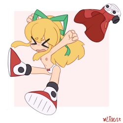  1girl artist_name blonde_hair bow capcom closed_eyes dress embarrassed green_ribbon highres mega_man_(classic) mega_man_(series) navel nipples open_mouth panties red_bow red_dress red_footwear ribbon roll_(mega_man) solo topless underwear white_panties  rating:Questionable score:19 user:thatdude5000
