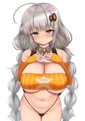 1girl ahoge bare_shoulders bikini blunt_bangs blush braid breast_milk breasts cleavage closed_mouth cowboy_shot detached_sleeves grey_eyes grey_hair groin hair_ornament hands_on_own_chest hands_up heart heart-shaped_pupils highres kizuna_akari large_breasts long_hair looking_at_viewer low_twintails navel orange_sleeves sho_(wnmf3234) sidelocks simple_background sleeveless smile solo standing star_(symbol) star_print straight-on string_bikini swimsuit symbol-shaped_pupils twin_braids twintails underboob vertical-striped_sleeves very_long_hair voiceroid white_background