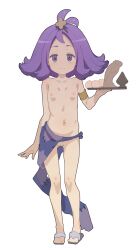  1girl :3 acerola_(pokemon) anal_beads armlet bad_id bangs_pinned_back blush butt_plug cleft_of_venus collarbone creatures_(company) dildo dot_nose female_focus flat_chest full_body game_freak gluteal_fold heart heart-shaped_pupils highres loli looking_at_viewer navel nintendo nipples no_panties nude pokemon pokemon_sm purple_eyes purple_hair pussy s10021 sandals sarong sex_toy simple_background smile solo standing symbol-shaped_pupils thigh_gap topknot topless tray uncensored white_background  rating:Explicit score:167 user:danbooru
