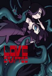  1girl alternate_color black_background blue_eyes detached_collar detached_sleeves dress fujimna grin leviathan_(skullgirls) purple_hair red_eyes skullgirls smile solo stitched_mouth stitches striped_sleeves sweatdrop tentacles zone-tan zone-tan_(cosplay) 