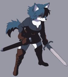  1girl blue_hair boots breasts brown_eyes brown_footwear brown_gloves cleavage commentary english_commentary full_body furry furry_female gloves grey_background grey_fur highres holding holding_sheath holding_sword holding_weapon medium_breasts original pixelatedcrown sheath simple_background sword weapon wolf_girl  rating:General score:1 user:fenrir_q