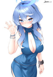 1girl absurdres ako_(blue_archive) ako_(dress)_(blue_archive) blue_archive blue_dress blue_eyes blue_hair blue_halo bracelet breasts cleavage closed_mouth dress evening_gown halo hand_up highres jewelry large_breasts looking_at_viewer medium_hair sideless_dress sideless_outfit signature sleeveless sleeveless_dress smile vini_(frisco) 