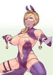  1girl ass bianca_(dq5) blonde_hair blue_eyes breasts dragon_quest dragon_quest_v female_focus highres large_breasts licking long_hair misonou_hirokichi nipple_piercing nipples open_mouth piercing text_focus 
