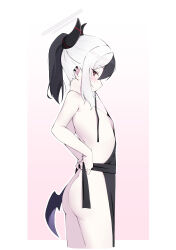  1girl absurdres apron ass black_apron black_hair black_horns blue_archive breasts commentary_request ear_piercing gradient_background halo highres horns kayoko_(blue_archive) komasi looking_at_viewer mouth_hold multicolored_hair naked_apron piercing pink_background profile red_eyes small_breasts solo two-tone_hair white_halo 