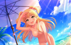 1girl :d annindoufu_(oicon) arm_up beach beach_umbrella blonde_hair blush bow breasts cleft_of_venus cloud collarbone completely_nude day fang fangs green_eyes hair_bow highres idolmaster idolmaster_cinderella_girls idolmaster_cinderella_girls_starlight_stage jougasaki_rika leaning_forward lens_flare long_hair looking_at_viewer nail_polish navel nipples nude nude_filter ocean open_mouth outdoors palm_tree pussy red_bow sky small_breasts smile solo sparkle third-party_edit tree two_side_up umbrella water yellow_eyes yellow_nails rating:Explicit score:111 user:shelly69