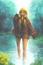  1girl blonde_hair blue_eyes final_fantasy final_fantasy_tactics flower geomancer_(fft) gloves long_hair no_pants roten solo twintails wading water 