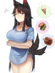 1girl alternate_costume animal_ear_fluff animal_ears arms_under_breasts bad_id bad_pixiv_id blue_shirt blush boned_meat breasts brown_hair burger cleavage collarbone commentary_request contemporary cowboy_shot crossed_arms drooling food green_panties hair_between_eyes ice_cream imaizumi_kagerou large_breasts long_hair looking_at_viewer meat no_pants nose_blush one_eye_closed panties red_eyes shirt short_sleeves simple_background solo spoken_food squiggle standing suminagashi sweat tail tail_wagging thighs touhou underwear very_long_hair white_background wolf_ears wolf_tail rating:Sensitive score:34 user:danbooru
