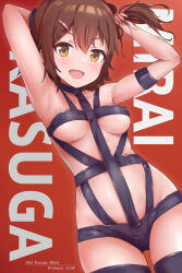  1girl arm_strap armpits arms_up bare_shoulders blush bondage_outfit breasts brown_eyes brown_hair character_name collarbone cosplay covered_erect_nipples cowboy_shot dot_nose highres holding holding_own_hair hot_limit idolmaster idolmaster_million_live! idolmaster_million_live!_theater_days kasuga_mirai koaya looking_at_viewer medium_breasts nishikawa_takanori nishikawa_takanori_(cosplay) one_side_up open_mouth red_background revealing_clothes short_hair side_ponytail smile solo standing t.m.revolution underboob v-shaped_eyebrows 