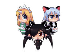 3girls :&lt; apron backbeako_(torotei) backbeard black_dress black_footwear black_gloves black_hair black_ribbon black_thighhighs blonde_hair blue_eyes blue_hair blush closed_mouth commentary_request dress elbow_gloves full_body futaba_channel gegege_no_kitarou gloves green_dress green_thighhighs hair_between_eyes hair_over_one_eye hair_ribbon hands_on_own_hips horns jitome kirin_(nijiura_maids) long_hair long_sleeves looking_at_viewer maid maid_headdress multiple_girls nijiura_maids open_mouth original partial_commentary pointy_ears red_eyes ribbon ringed_eyes short_hair simple_background single_horn sleeveless sleeveless_dress smile standing suigetsu thighhighs torotei twintails v-shaped_eyebrows waist_apron white_apron white_background yami_yuki