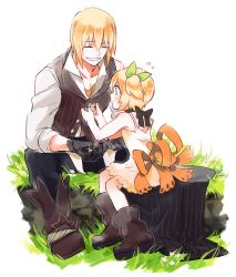 10s 1boy 1girl adjusting_clothes aged_down black_gloves black_neckwear blonde_hair blue_eyes boots brother_and_sister brown_footwear child closed_eyes collarbone dress edna_(tales) eizen_(tales) flying_sweatdrops gloves gotou_(pixiv37128) grass hairband holding jewelry necklace ribbon short_hair siblings side_ponytail sitting smile tales_of_(series) tales_of_berseria tales_of_zestiria white_background rating:General score:2 user:danbooru