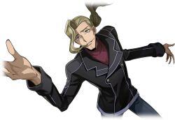 1boy arm_up artist_request bangs_pinned_back black_jacket blonde_hair blue_eyes blue_pants buttons code_geass code_geass:_lost_stories constricted_pupils cowboy_shot cropped_legs diethard_ried double-breasted floating_hair forehead from_above game_cg happy highres jacket long_sleeves looking_up male_focus medium_hair non-web_source official_art pants parted_lips ponytail raised_eyebrows red_shirt shirt simple_background smile solo standing transparent_background turtleneck turtleneck_shirt