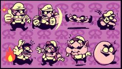  1boy black_overalls cleft_chin facial_hair gloves grin hat mangoso multiple_views mustache nintendo one_eye_closed overalls purple_background shirt smile thumbs_up wario wario_land wario_land_ii white_gloves white_hat white_shirt 
