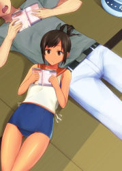 10s 1boy 1girl bare_shoulders blush book brown_eyes brown_hair covered_navel i-401_(kancolle) kantai_collection lying_on_person one-piece_swimsuit open_book open_mouth personification ponytail reading sailor_collar school_swimsuit school_uniform short_hair short_ponytail swimsuit swimsuit_under_clothes uono_shinome 