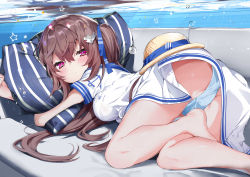  1girl absurdres ass asshat barefoot blue_panties blue_sailor_collar blush brown_hair brown_headwear commentary_request couch dress feet_out_of_frame hair_between_eyes hair_ornament highres kamioka_shun&#039;ya long_hair looking_at_viewer looking_back lying hugging_object on_couch on_stomach original panties pillow pillow_hug purple_eyes sailor_collar sailor_dress shark_hair_ornament short_sleeves solo twintails underwear very_long_hair water white_dress 