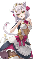  2girls absurdres alternate_breast_size animal_ear_fluff animal_ears apron armor armored_dress ascot belt black_belt black_dress blonde_hair blue_scarf blunt_bangs blurry boobplate boots bow braid braided_bangs breastplate breasts brooch brown_pantyhose calico cat cat_ears cat_girl cat_tail dot_nose dress dress_bow extra_ears fang feather_hair_ornament feathers flower frilled_apron frilled_dress frills genshin_impact gold_trim green_eyes hair_flower hair_ornament head_rest head_tilt highres holding holding_feather jewelry kyanonpan50 layered_dress looking_at_viewer lumine_(genshin_impact) maid maid_apron maid_headdress medium_breasts multiple_girls noelle_(genshin_impact) on_one_knee open_mouth pantyhose paw_pose phone_wallpaper pink_ascot pink_bow pink_flower pink_ribbon pink_rose ribbon rose scarf short_hair short_hair_with_long_locks sidelocks simple_background tail tail_ornament tail_ribbon thigh_boots wallpaper white_apron white_background white_dress white_footwear white_hair  rating:General score:15 user:danbooru