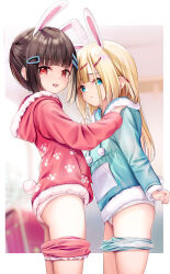 2girls animal_ears ass blonde_hair blue_eyes blue_shirt blue_shorts brown_eyes brown_hair closed_mouth clothes_pull commentary_request face-to-face female_focus from_side hair_ornament hairclip hands_on_another&#039;s_shoulders highres hood hood_down loli long_hair long_sleeves looking_at_viewer looking_to_the_side multiple_girls open_mouth original pajamas panties pink_shirt pink_shorts rabbit_ears rabbit_tail revision shirt short_shorts shorts shorts_pull smile standing tail thighs underwear white_panties yan_(nicknikg)  rating:Questionable score:147 user:danbooru