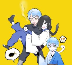 !? :o black_hair blue_hair boruto:_naruto_next_generations bug cigarette earrings family father_and_son hair_over_one_eye hair_tied_back japanese_clothes jewelry kimono lifting_person log_(naruto) mitsuki_(naruto) multiple_boys naruto_(series) orochimaru_(naruto) pale_skin pulling_another&#039;s_clothes scar scar_on_face scared siblings smoke snake spiked_hair sweatdrop tears thought_bubble yellow_background yellow_eyes ら