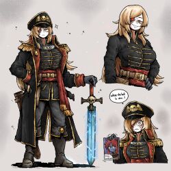 1girl 2girls alien anger_vein anya&#039;s_heh_face_(meme) arm_behind_back astra_militarum blonde_hair blue_skin boots breasts collar colored_skin commissar cover cover_page english_text hat highres holding holding_sword holding_weapon large_breasts long_hair meme military_hat military_uniform multiple_girls octosoup orange_eyes power_sword red_hair red_sash sash scabbard sheath skull solo sword t&#039;au undertale uniform warhammer_40k weapon  rating:General score:37 user:danbooru