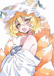  1girl absurdres animal_ears blonde_hair blush breasts deal360acv dress fox_ears fox_tail hair_between_eyes hat highres large_breasts mob_cap multiple_tails open_mouth short_hair simple_background solo tail tongue tongue_out touhou upper_body white_background white_dress white_hat yakumo_ran yellow_eyes 
