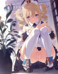 1girl anus barbara_(genshin_impact) bare_shoulders blonde_hair blue_eyes blurry blush bottomless censored clothes_pull detached_sleeves dress drill_hair genshin_impact hair_ornament highres long_sleeves looking_at_viewer no_panties pantyhose pantyhose_pull pee peeing peeing_self plant pussy sanooxo smile solo spread_legs squatting twin_drills twintails white_dress white_headwear white_pantyhose rating:Explicit score:148 user:danbooru