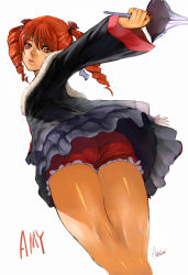 1girl amy_sorel ashiomi_masato ass bare_legs bloomers dress drill_hair flower fur_trim gothic_lolita hair_flower hair_ornament lolita_fashion rapier red_eyes red_hair rose shorts signature solo soul_calibur soulcalibur soulcalibur_iv sword twin_drills twintails underwear upskirt weapon rating:Questionable score:58 user:danbooru