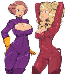 2girls blonde_hair blue_eyes bodysuit breasts brown_eyes brown_hair cat_mask catsuit cleavage cleavage_cutout clothing_cutout full-length_zipper gloves large_breasts looking_at_another mask multiple_girls okumura_haru persona persona_5 plow_(witch_parfait) purple_bodysuit red_bodysuit simple_background smile takamaki_anne twintails wavy_hair white_background yellow_gloves zipper 