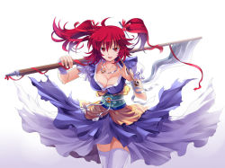  1girl bandaged_wrist bandages blue_dress breasts cleavage collarbone corset dress hair_bobbles hair_ornament hair_ribbon holding jewelry large_breasts long_hair looking_at_viewer necklace obi onozuka_komachi open_mouth pico_(picollector79) puffy_sleeves red_eyes red_hair ribbon sash scythe short_sleeves smile smoking_pipe source_request thighhighs touhou twintails white_background white_thighhighs 