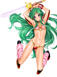  1girl armor armpits ayanokouji_rem bikini_armor blue_eyes boots breasts cameltoe circlet cleft_of_venus dream_hunter_rem covered_erect_nipples green_hair jewelry leg_warmers long_hair lying navel on_back open_mouth pink_footwear retro_artstyle ribs sasayuki shoulder_pads small_breasts solo sword weapon  rating:Questionable score:20 user:danbooru