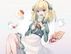  1girl alternate_costume amano_pikamee apron bangs blonde_hair character_doll character_name cup doll double_bun dress enmaided food frilled_sleeves frills fruit green_dress green_eyes hair_bun hairband highres holding holding_doll juliet_sleeves long_sleeves looking_at_viewer maid maple_syrup medium_hair open_mouth petticoat pitcher pudding puffy_sleeves rafrog sharp_teeth sidelocks smile solo strawberry tea teacup teeth two_side_up virtual_youtuber voms waffle waist_apron whipped_cream 