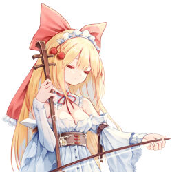  1girl adapted_costume alternate_hair_length alternate_hairstyle bare_shoulders blonde_hair bow bow_(music) breasts chinese_commentary cleavage commentary_request detached_collar detached_sleeves erhu frilled_sleeves frills hair_bow instrument long_hair long_sleeves maid_headdress red_bow revision satsuki_rin seelehan shirt simple_background strapless strapless_shirt touhou very_long_hair white_background white_shirt white_sleeves 