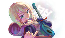  1girl black_choker black_jacket blonde_hair blue_eyes choker clenched_teeth collarbone commentary girls_band_cry grey_hoodie gyu_mizu highres holding holding_instrument hood hood_down hoodie instrument jacket kawaragi_momoka long_hair looking_at_viewer multicolored_hair open_clothes open_jacket pinky_out roots_(hair) shadow solo teeth upper_body 