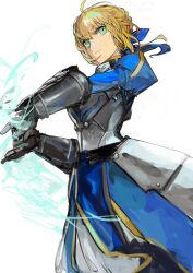  1girl ahoge armor armored_dress artoria_pendragon_(all) artoria_pendragon_(fate) black_corset blonde_hair blue_dress blue_ribbon braid braided_bun breastplate corset cowboy_shot dress fate/stay_night fate_(series) faulds gauntlets gold_trim green_eyes hair_between_eyes hair_bun hair_ribbon highres holding holding_sword holding_weapon invisible_air_(fate) juliet_sleeves light_smile long_sleeves looking_to_the_side pelvic_curtain puffy_sleeves ribbon saber_(fate) simple_background solo sword weapon white_background yorurokujuu 