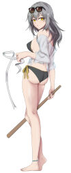  1girl :o absurdres alternate_costume anklet ass back bare_back bare_legs bare_shoulders barefoot bikini black_bikini breasts commentary english_commentary eyewear_on_head hair_ornament hairclip highres holding holding_blindfold holding_stick honkai:_star_rail honkai_(series) jewelry long_hair looking_at_viewer medium_breasts mixed-language_commentary open_mouth paid_reward_available ribbon side-tie_bikini_bottom sideboob sigure_yusyo simple_background solo standing stelle_(honkai:_star_rail) stick sunglasses swimsuit toes trailblazer_(honkai:_star_rail) white_background white_blindfold yellow_eyes yellow_ribbon 