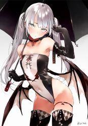 1girl armpits black_choker black_gloves choker collarbone commentary_request covered_navel cowboy_shot cross cross_choker demon_wings elbow_gloves gloves highres holding holding_umbrella long_hair looking_at_viewer original shunsei_(muratou) silver_hair sleeveless solo thigh_strap twintails twitter_username umbrella wings rating:Sensitive score:15 user:danbooru