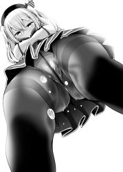 10s 1girl absurdres beret black_pantyhose blush breasts buttons covered_mouth from_below greyscale hat highres kantai_collection kashima_(kancolle) kerchief large_breasts looking_down miniskirt monochrome oouso panties panties_under_pantyhose pantyhose pantyshot pee peeing peeing_self pleated_skirt skirt solo standing sweat tsurime twintails underwear uniform wavy_hair white_background rating:Explicit score:41 user:danbooru