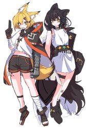  2girls @_@ animal_ear_piercing animal_ears arknights bandaged_arm bandages black_coat black_footwear black_gloves black_hair black_shorts blonde_hair coat coat_on_shoulders commentary_request commission dr_yamero dress fox_ears fox_girl fox_tail full_body gauntlets glaring gloves highres hood hooded_coat looking_at_viewer lunacub_(arknights) material_growth multiple_girls notched_ear orange_eyes oripathy_lesion_(arknights) pointing pointing_up sandals shirt shorts skeb_commission sleeveless sleeveless_dress tail thigh_strap vermeil_(arknights) white_dress white_shirt wolf_ears wolf_girl wolf_tail yellow_eyes 