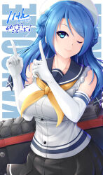  1girl absurdres anniversary blue_eyes blue_hair blush breasts copyright_name depth_charge double_bun doughnut_hair_bun elbow_gloves gloves hair_bun hat highres kantai_collection large_breasts long_hair looking_at_viewer machinery neckerchief one_eye_closed pleated_skirt sailor_hat school_uniform seiya_(iiseven) serafuku skirt sleeves_rolled_up smile solo urakaze_(kancolle) white_gloves white_hat yellow_neckerchief 
