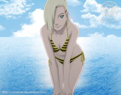  1girl bare_arms bare_legs bikini blonde_hair breasts cleavage hands_on_own_knees medium_breasts naruto_(series) naruto_shippuuden navel ponytail revealing_clothes smile solo solo_focus swimsuit thighs yamanaka_ino  rating:Sensitive score:14 user:pojojo3