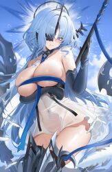  1girl absurdres alsace_(azur_lane) azur_lane bare_shoulders between_breasts black_tiara blue_eyes blue_hair blush breast_strap breasts cleavage detached_collar gauntlets hair_ornament highres jeze large_breasts long_hair looking_at_viewer parted_bangs ribbon sidelocks solo tiara very_long_hair 