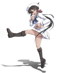 1girl acchan black_eyes black_hair black_neckerchief blouse boots bow clenched_hands commentary dark-skinned_female dark_skin dixie_cup_hat flying_kick frown girls_und_panzer hair_bow hair_over_one_eye hat hat_feather jumping kicking knee_boots long_hair long_sleeves looking_at_viewer midriff military_hat miniskirt navel neckerchief ogin_(girls_und_panzer) ooarai_naval_school_uniform open_mouth pleated_skirt ponytail red_bow sailor sailor_collar school_uniform shadow shirt simple_background skirt solo street_fighter tatsumaki_senpuukyaku white_background white_hat white_shirt white_skirt