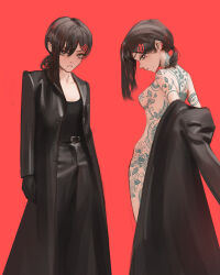  absurdres black_hair breasts chainsaw_man coat from_behind full-body_tattoo gloves hair_ornament hairclip higashiyama_kobeni highres hip_bones looking_at_viewer mawaw multiple_views removing_jacket small_breasts tattoo trench_coat  rating:Questionable score:30 user:Joylessly6967
